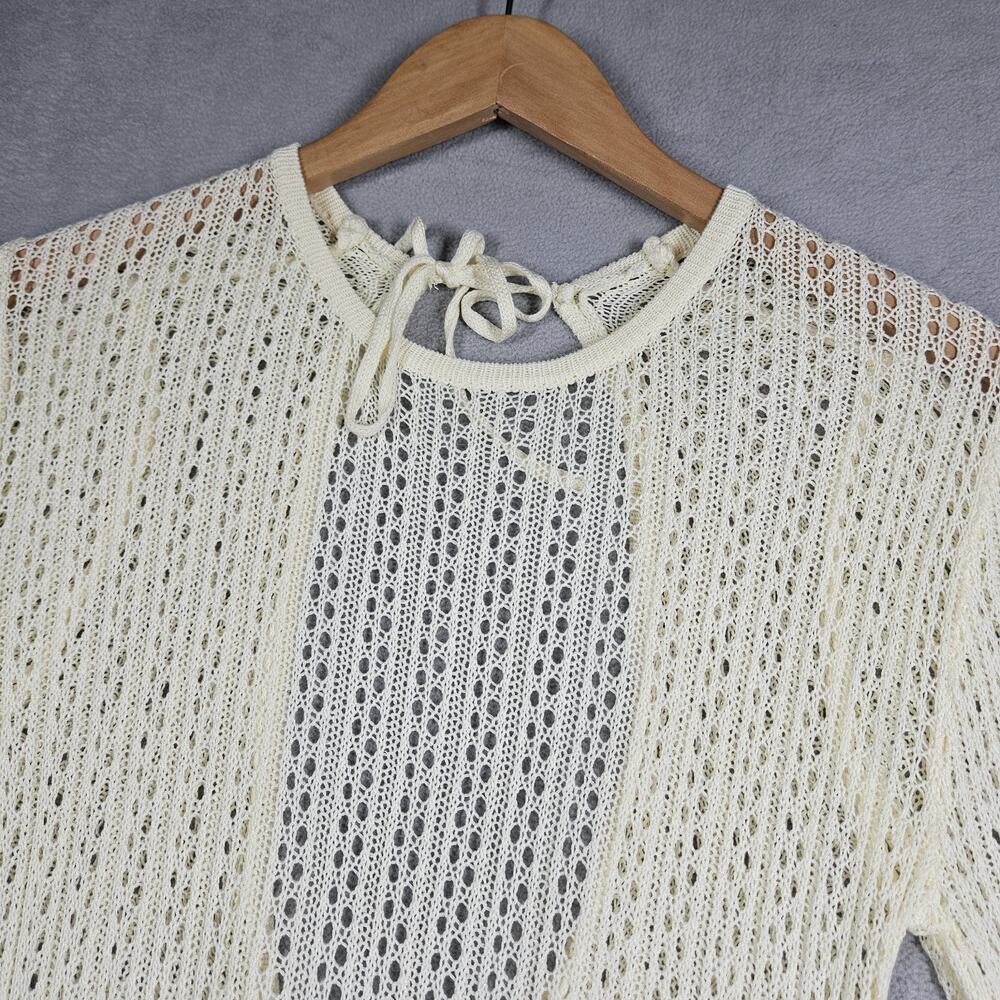 Crochet Cover Up Dress Women Medium Bell Sleeve Cinch Sides Open Knit Beige Swim - Picture 2 of 14